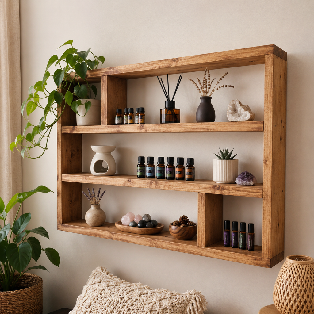 Essential Oil Shelf, Wide Wooden Wall Display Shelf, Essential Oil Storage Rack, Rustic Aromatherapy Organiser | FRYDECO
