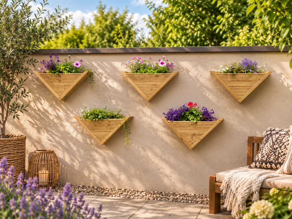 Wooden Triangle Wall Planter, Handcrafted UK Garden Flower Box, Vertical Herb Planter