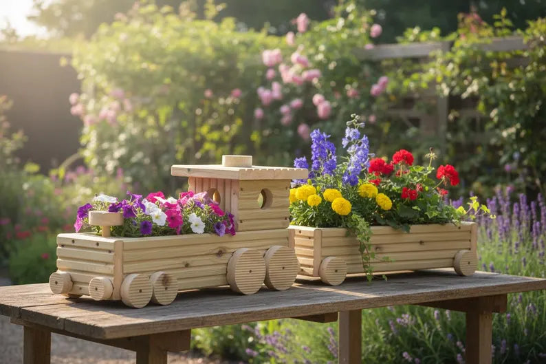 Handmade Wooden Train Planter – Garden Train with Carriages