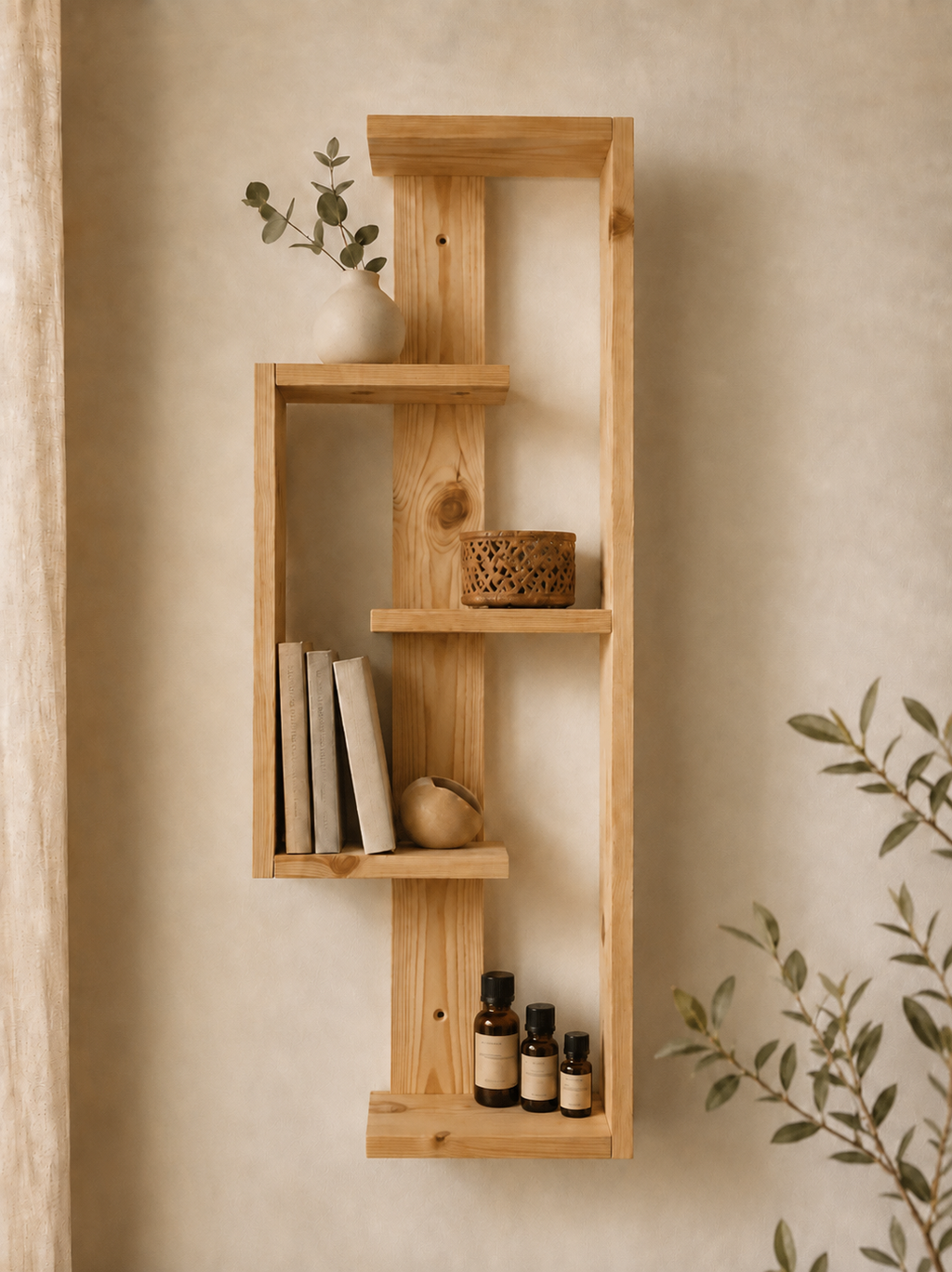 Geometric Pine Wall Shelf – Handmade Asymmetrical Display