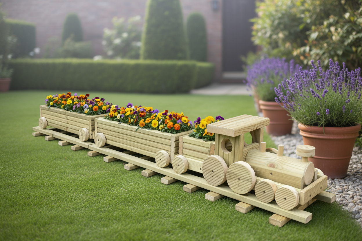 Wooden Train Garden Planter with Tracks | Large Outdoor Flower Planter | Railway Planter | Herb Garden Planter | Handmade Wooden Train