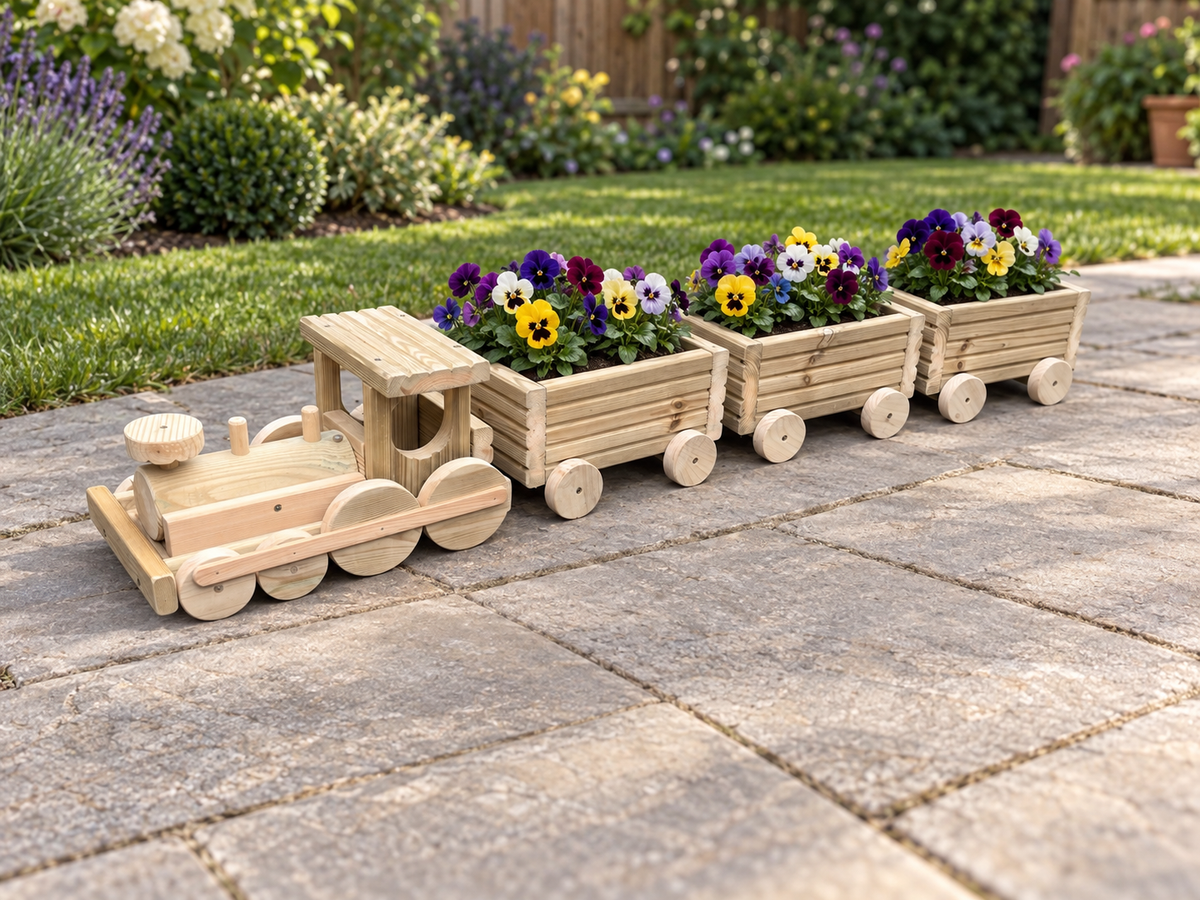 Wooden Train Garden Planter with Engine and 2–6 Carriages, Handmade Pressure-Treated Timber