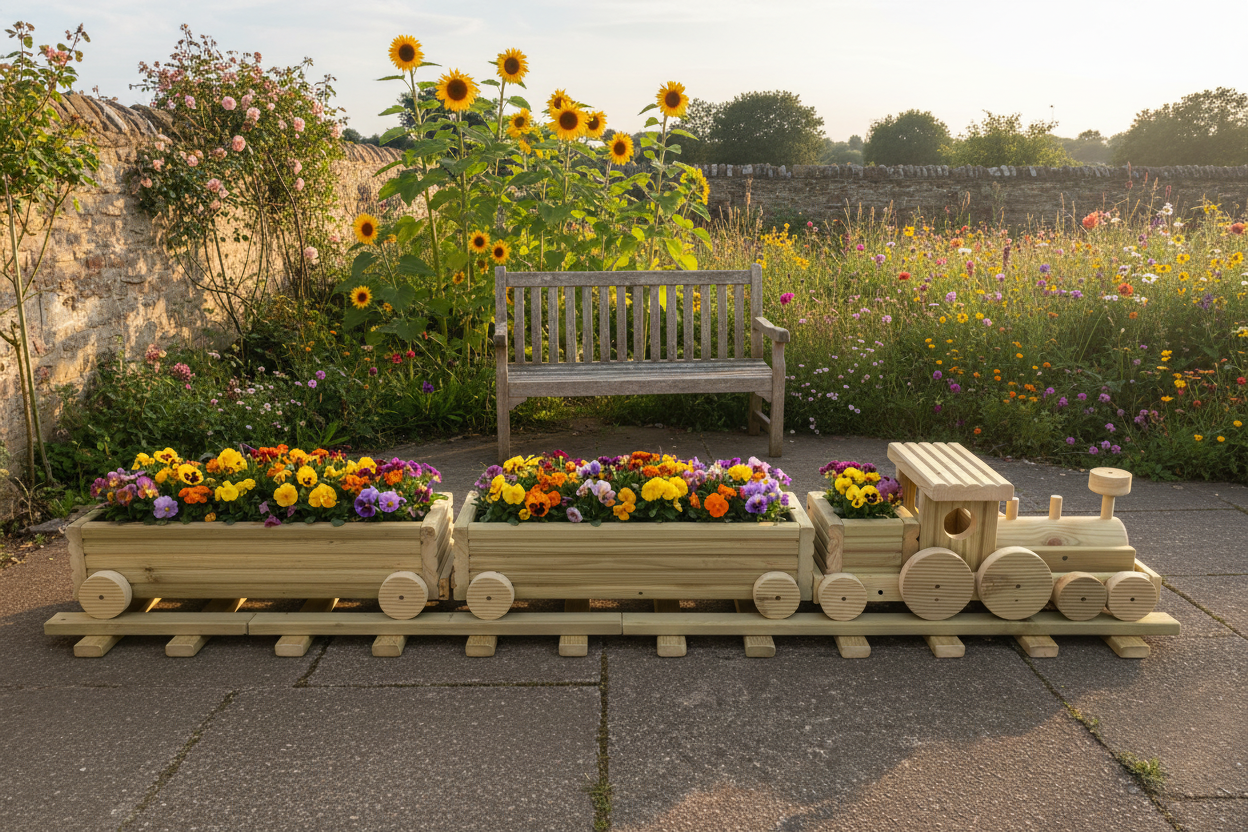 Wooden Train Garden Planter with Tracks | Large Outdoor Flower Planter | Railway Planter | Herb Garden Planter | Handmade Wooden Train