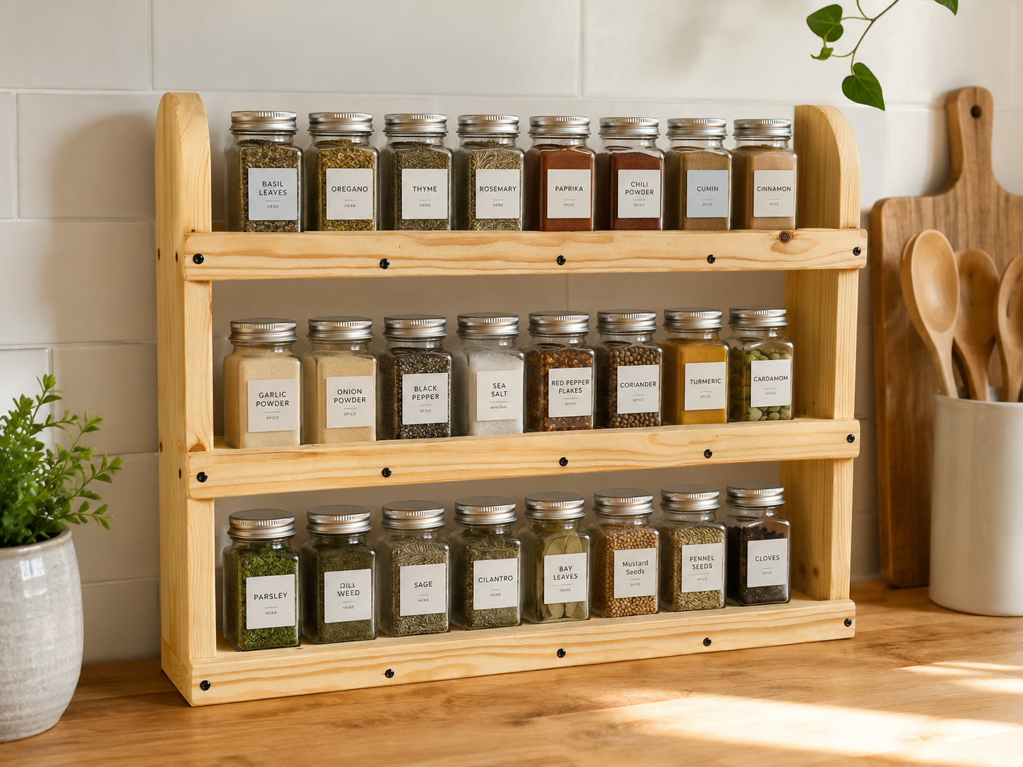 Freestanding Wooden Spice Rack | 3 Tier Pine Kitchen Organiser | FRYDECO
