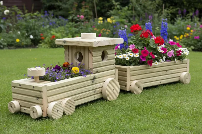 Handmade Wooden Train Planter – Garden Train with Carriages