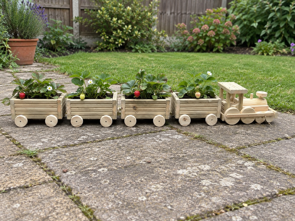 Wooden Train Garden Planter with Engine and 2–6 Carriages, Handmade Pressure-Treated Timber