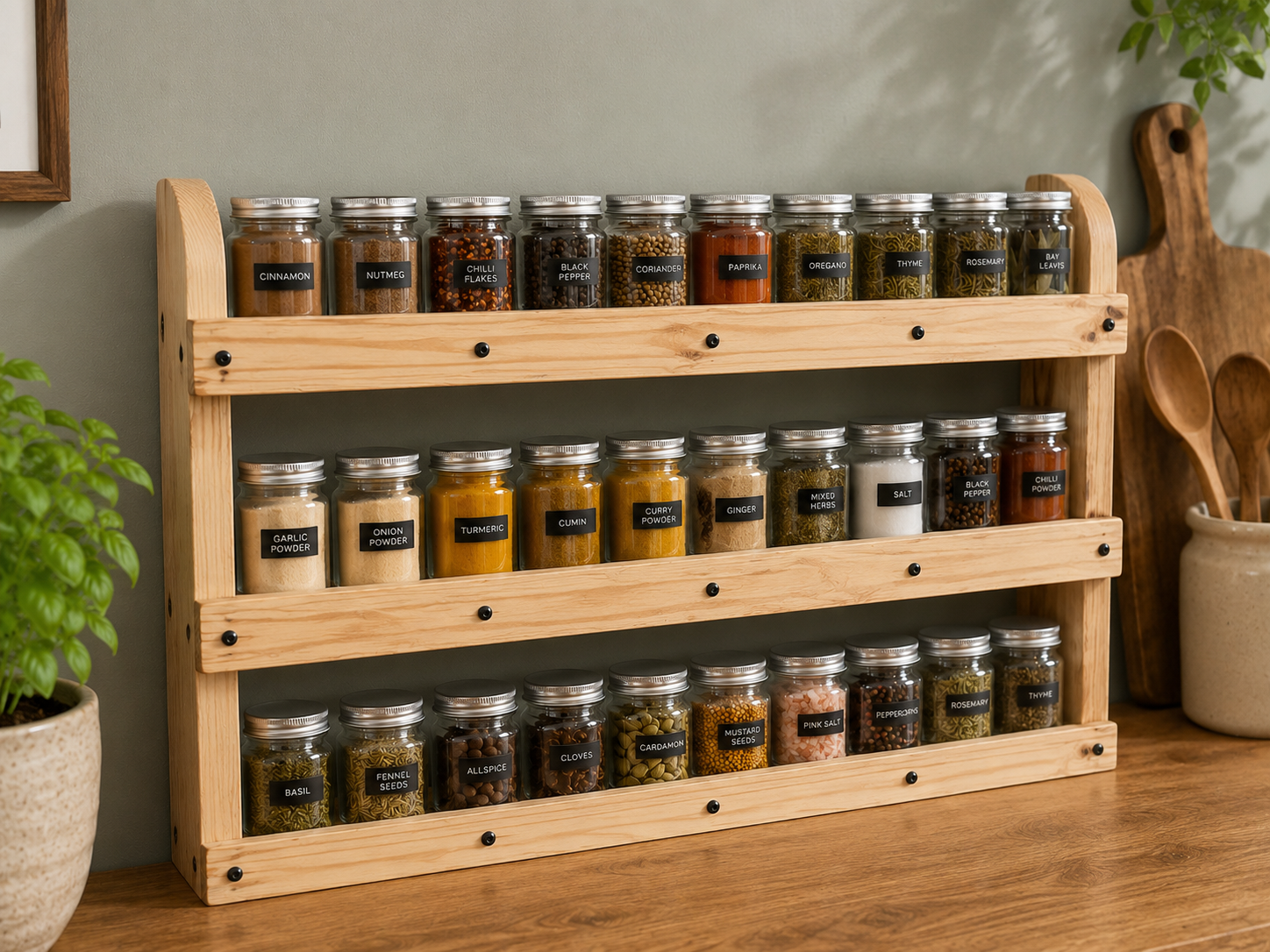 Freestanding Wooden Spice Rack | 3 Tier Pine Kitchen Organiser | FRYDECO