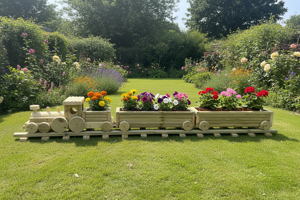 Wooden Train Garden Planter with Tracks | Large Outdoor Flower Planter | Railway Planter | Herb Garden Planter | Handmade Wooden Train