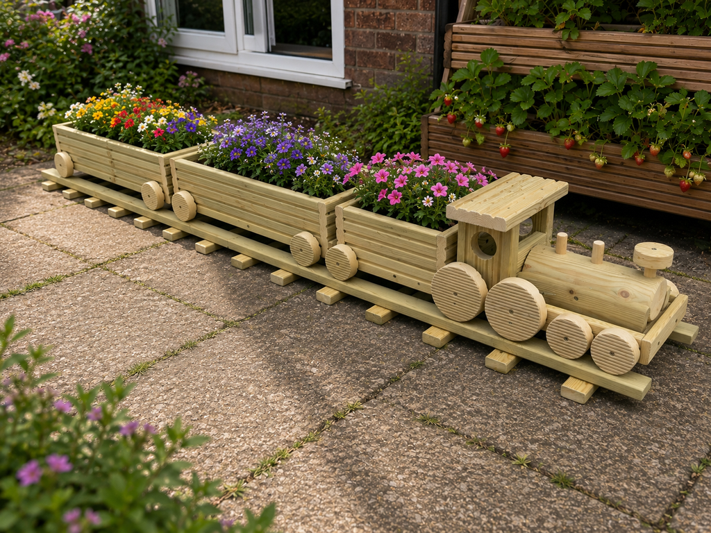 Wooden Train Garden Planter with Tracks | Large Outdoor Flower Planter | Railway Planter | Herb Garden Planter | Handmade Wooden Train