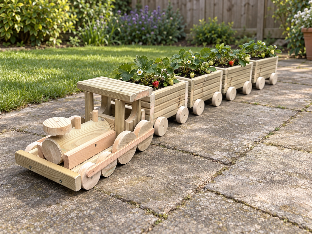 Wooden Train Garden Planter with Engine and 2–6 Carriages, Handmade Pressure-Treated Timber