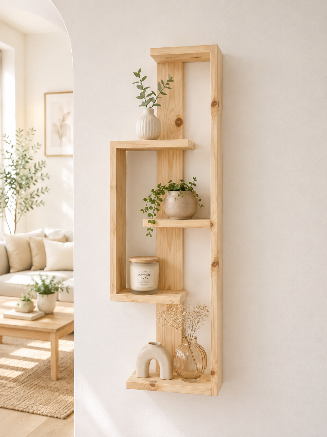 Geometric Pine Wall Shelf – Handmade Asymmetrical Display