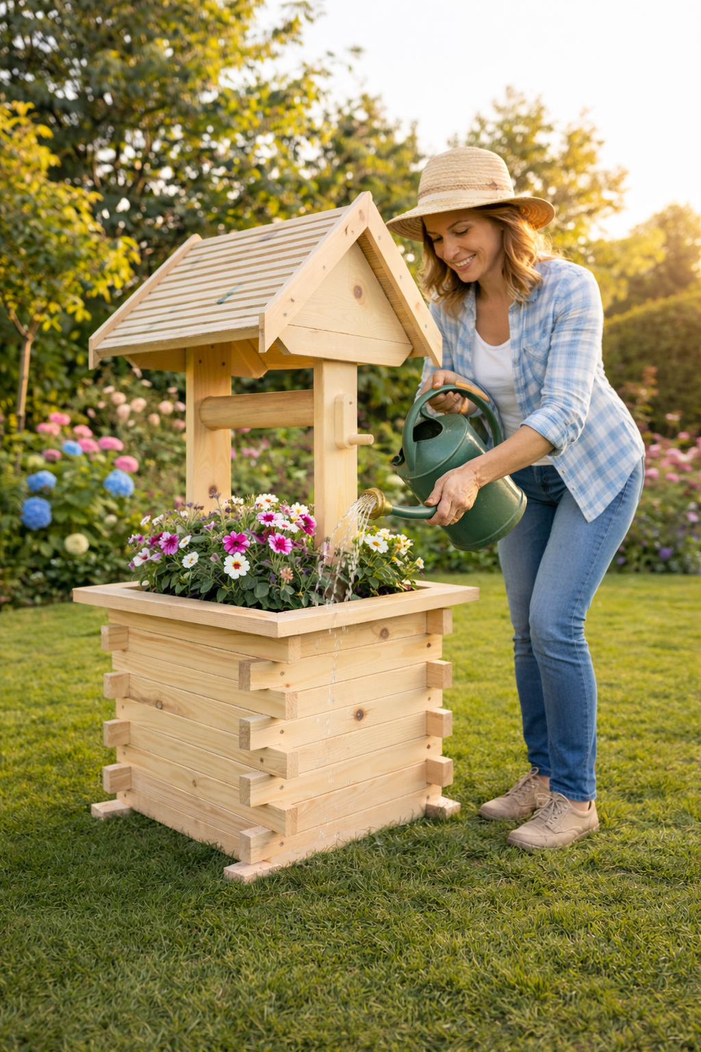 Handmade Solid Pine Wishing Well Planter – Rustic Garden Feature, UK Made