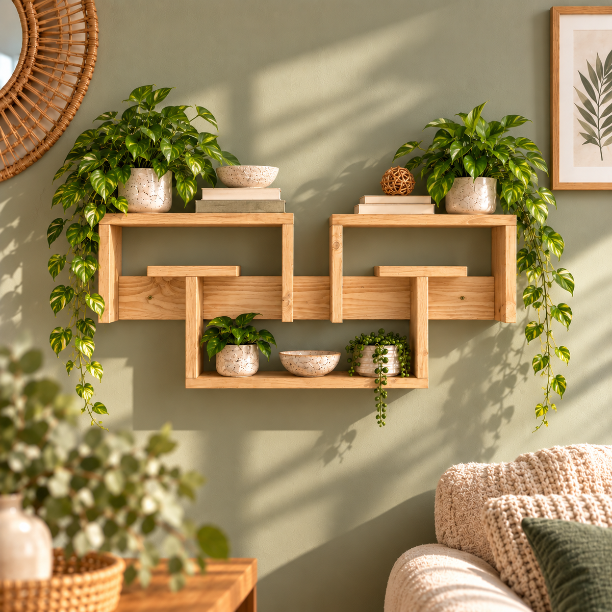 Interlocking Wooden Wall Shelf – Large Pine Display Shelf