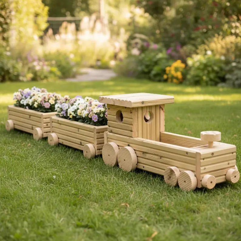 Handmade Wooden Train Planter – Garden Train with Carriages