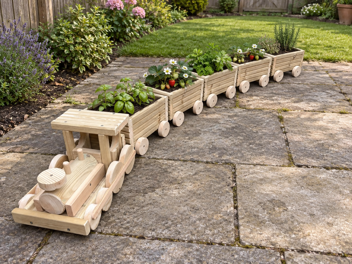 Wooden Train Garden Planter with Engine and 2–6 Carriages, Handmade Pressure-Treated Timber