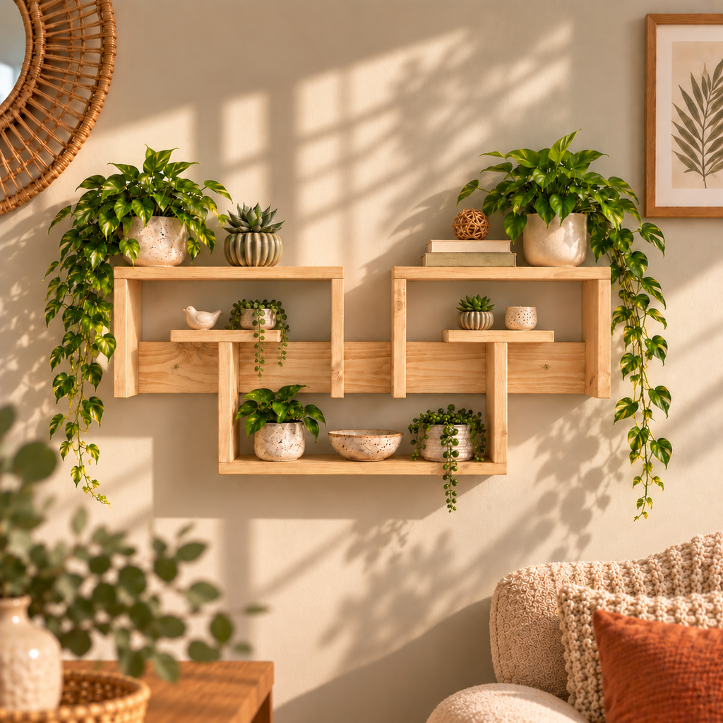 Interlocking Wooden Wall Shelf – Large Pine Display Shelf