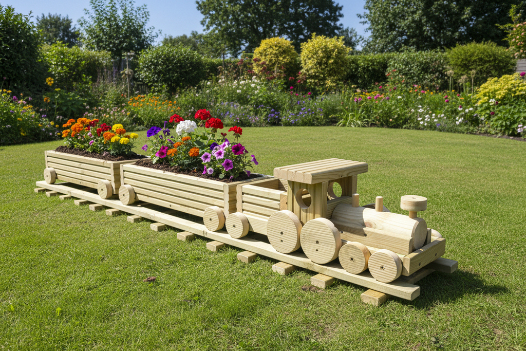 Wooden Train Garden Planter with Tracks | Large Outdoor Flower Planter | Railway Planter | Herb Garden Planter | Handmade Wooden Train