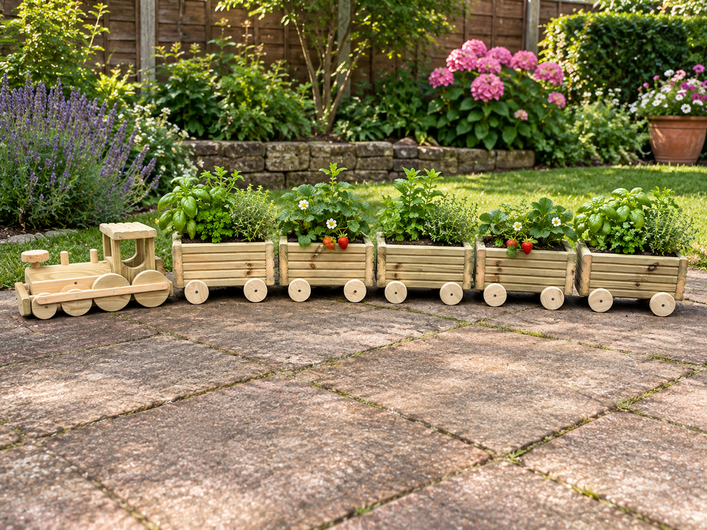 Wooden Train Garden Planter with Engine and 2–6 Carriages, Handmade Pressure-Treated Timber
