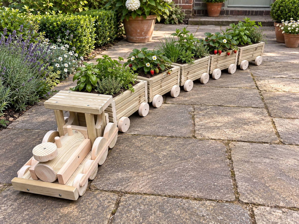 Wooden Train Garden Planter with Engine and 2–6 Carriages, Handmade Pressure-Treated Timber