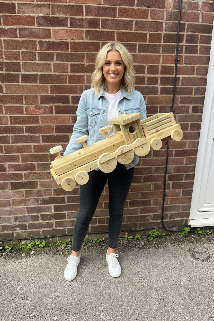 Large Wooden Train Planter | Garden Train with 2 Carriages | FRYDECO