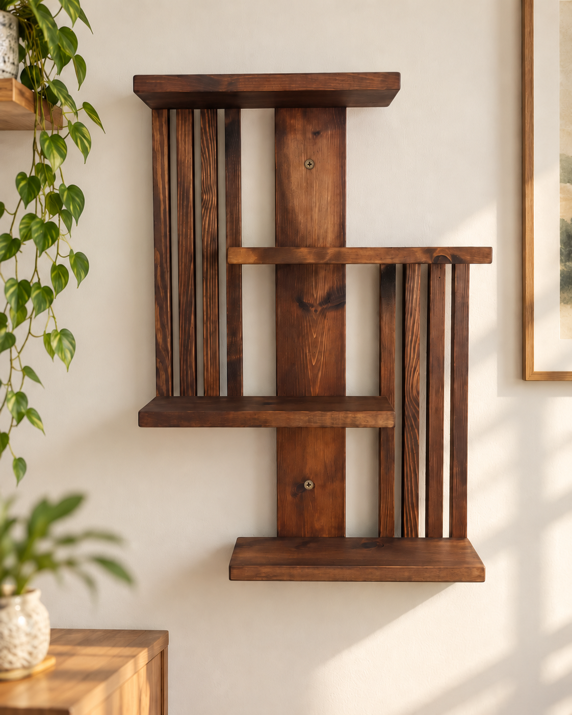 Handmade Geometric Pine Wall Shelf, Modern Rustic Plant Display (60cm Height)