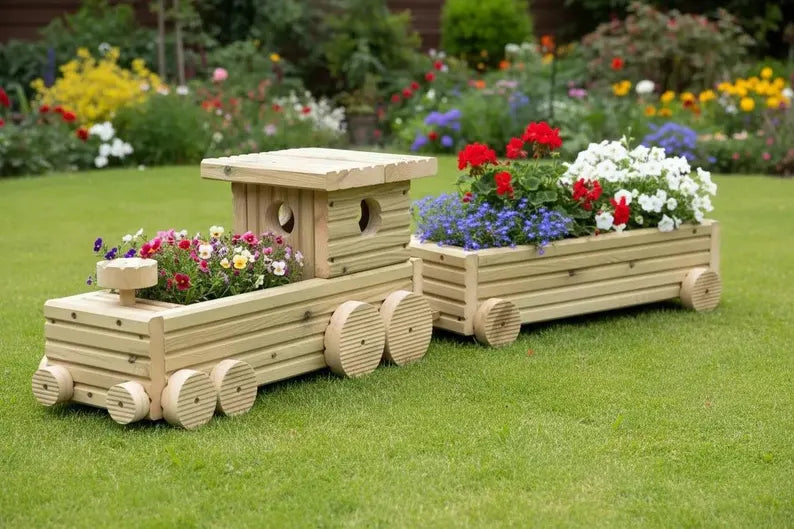 Handmade Wooden Train Planter | Garden Train with Carriages | FRYDECO