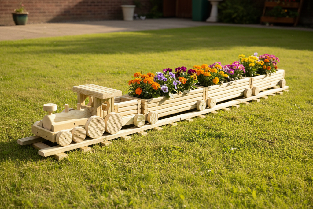 Wooden Train Garden Planter with Tracks | Large Outdoor Flower Planter | Railway Planter | Herb Garden Planter | Handmade Wooden Train