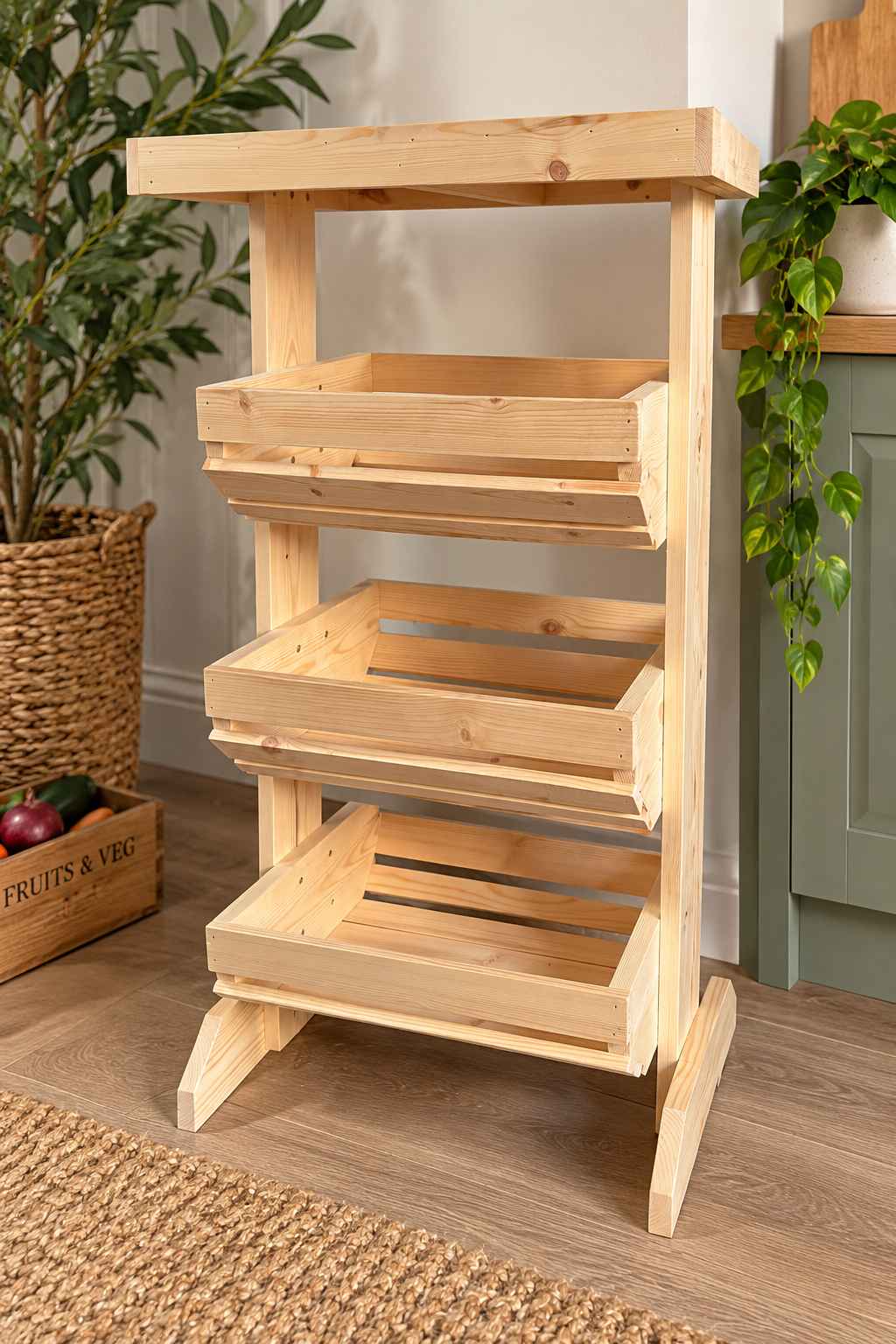 Wooden Fruit & Vegetable Storage Rack, 3 Tier Kitchen Produce Stand, Freestanding Pine Pantry Organiser with Top Shelf