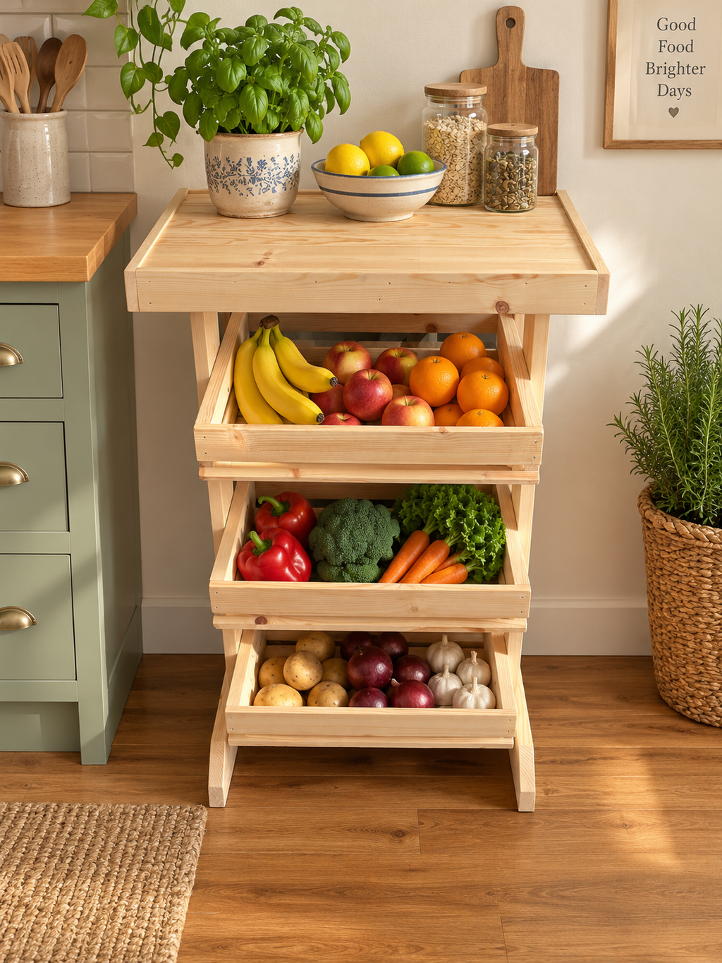 Wooden Fruit & Vegetable Storage Rack, 3 Tier Kitchen Produce Stand, Freestanding Pine Pantry Organiser with Top Shelf
