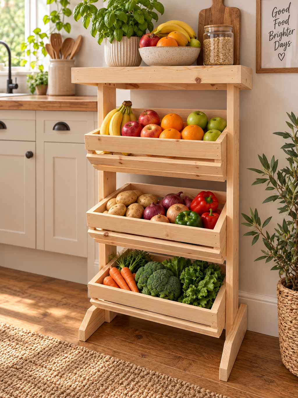 Wooden Fruit & Vegetable Storage Rack, 3 Tier Kitchen Produce Stand, Freestanding Pine Pantry Organiser with Top Shelf