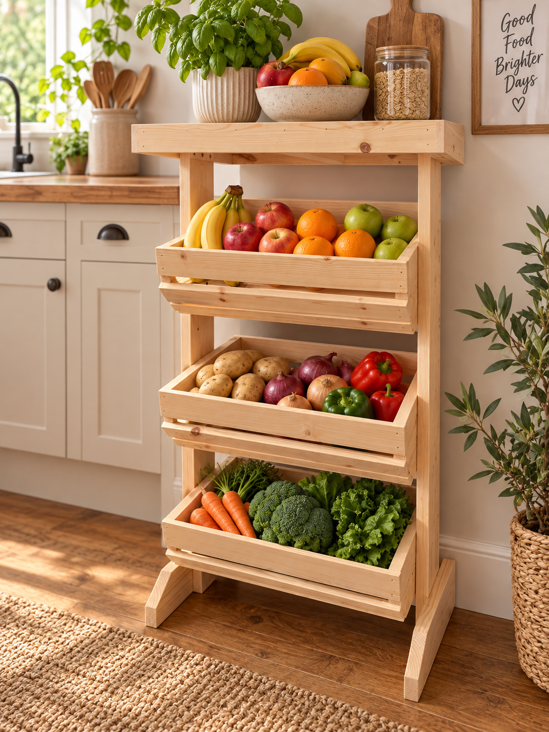 Wooden Fruit & Vegetable Storage Rack, 3 Tier Kitchen Produce Stand, Freestanding Pine Pantry Organiser with Top Shelf