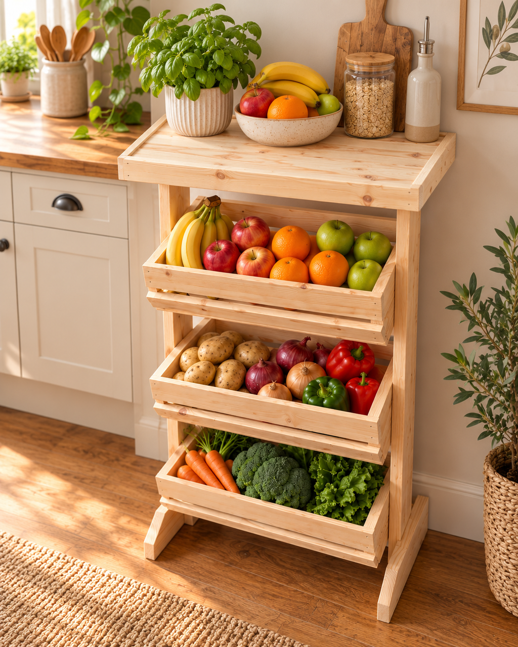 Wooden Fruit & Vegetable Storage Rack, 3 Tier Kitchen Produce Stand, Freestanding Pine Pantry Organiser with Top Shelf