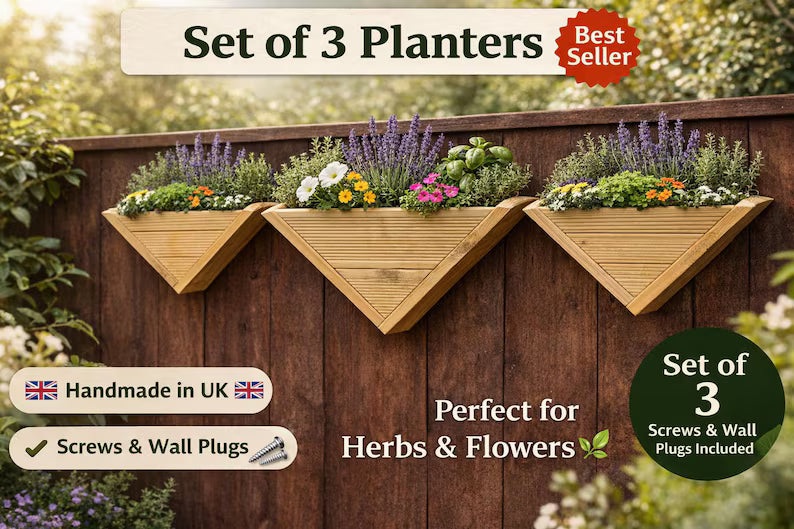 Wooden Triangle Wall Planter, Handcrafted UK Garden Flower Box, Vertical Herb Planter