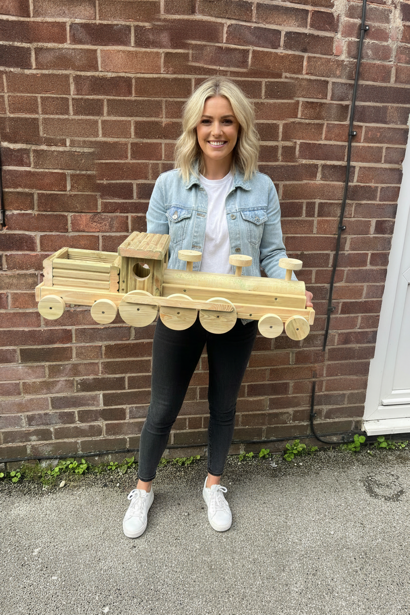 Large Wooden Train Planter | Garden Train with 2 Carriages | FRYDECO
