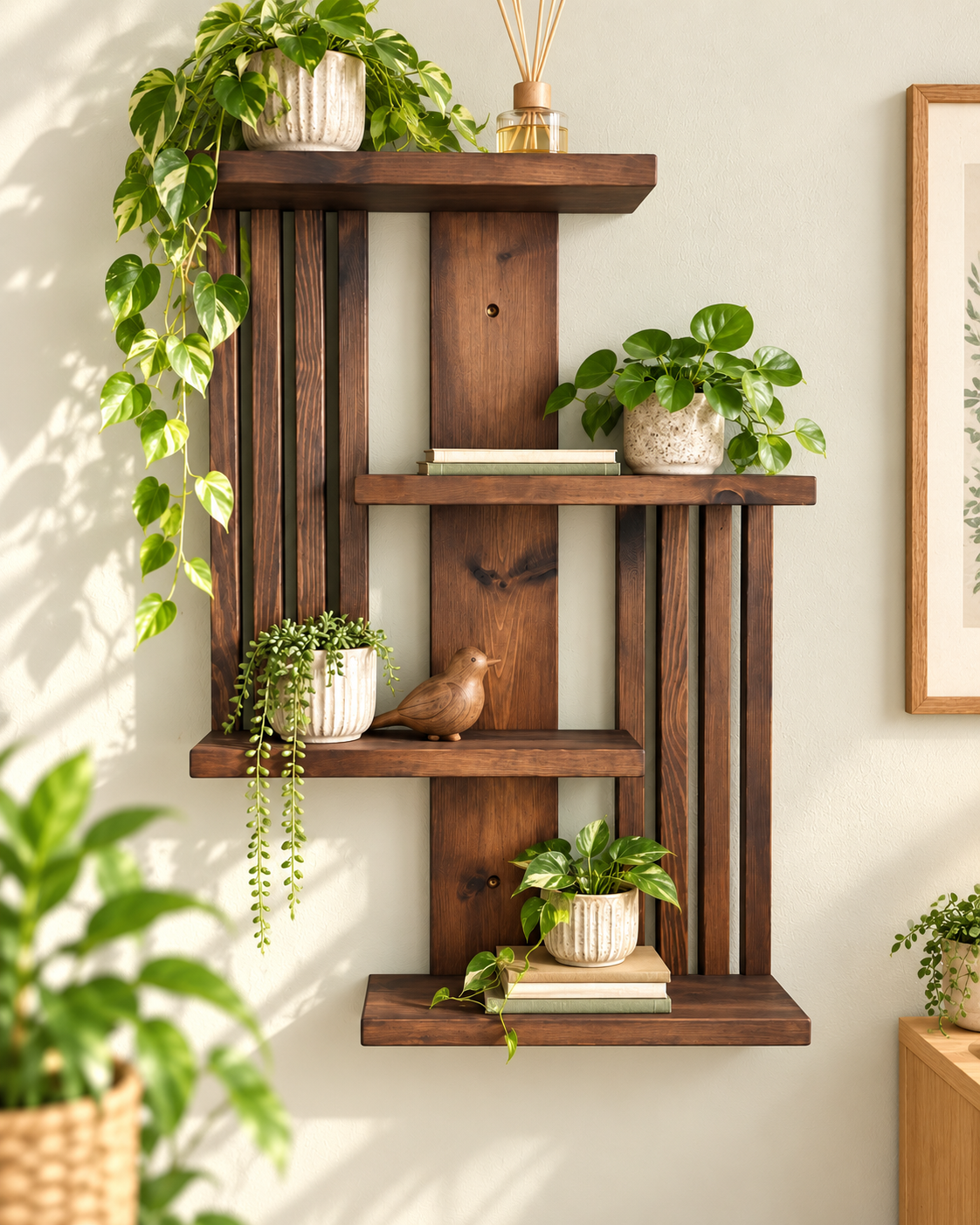 Handmade Geometric Pine Wall Shelf, Modern Rustic Plant Display (60cm Height)