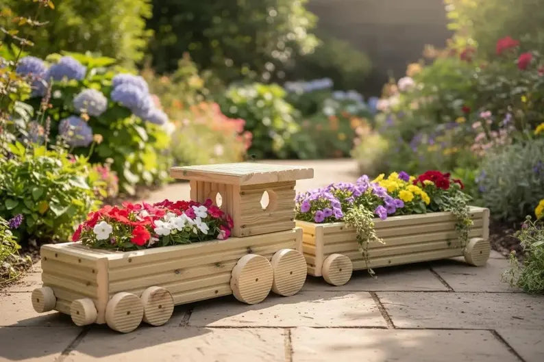 Handmade Wooden Train Planter | Garden Train with Carriages | FRYDECO