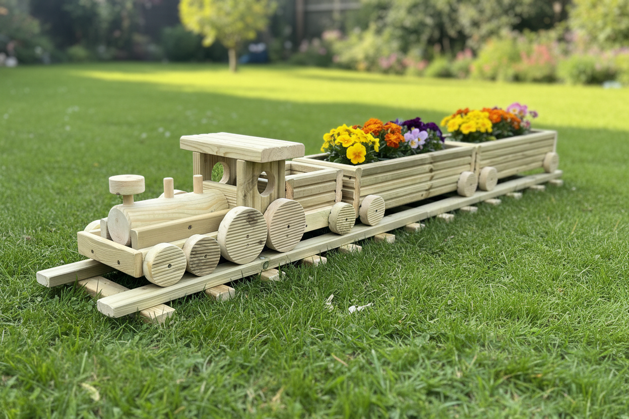 Wooden Train Garden Planter with Tracks | Large Outdoor Flower Planter | Railway Planter | Herb Garden Planter | Handmade Wooden Train