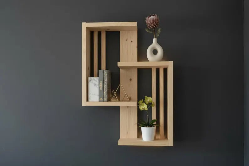 Geometric Solid Pine Shelf – Modern Scandinavian Floating Decor (Handmade)
