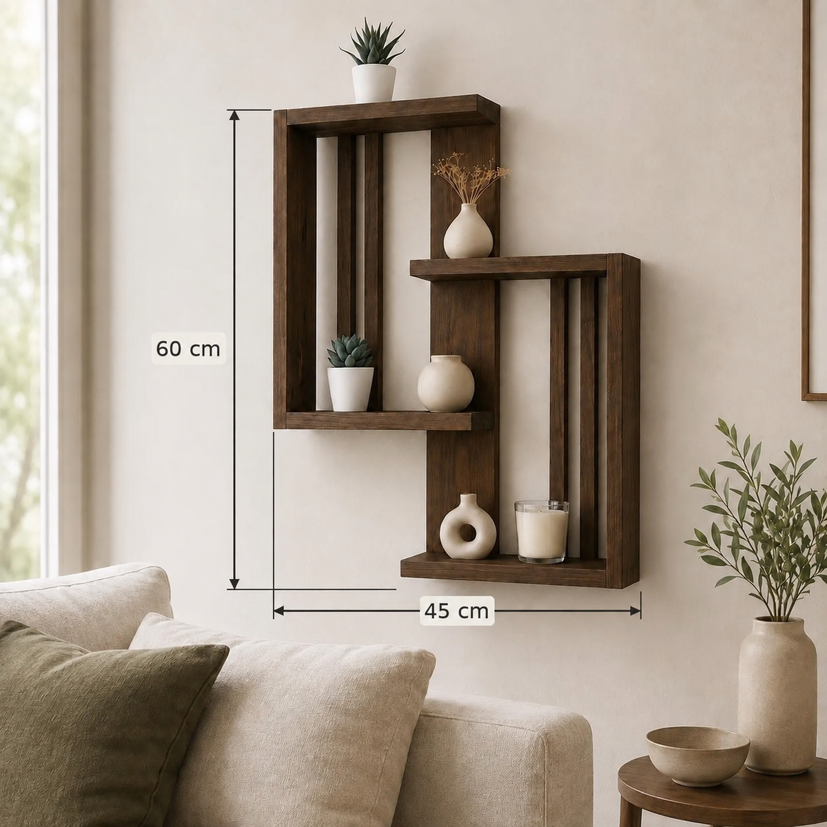 Geometric Solid Pine Wall Shelf Modern Scandinavian Decor Handmade