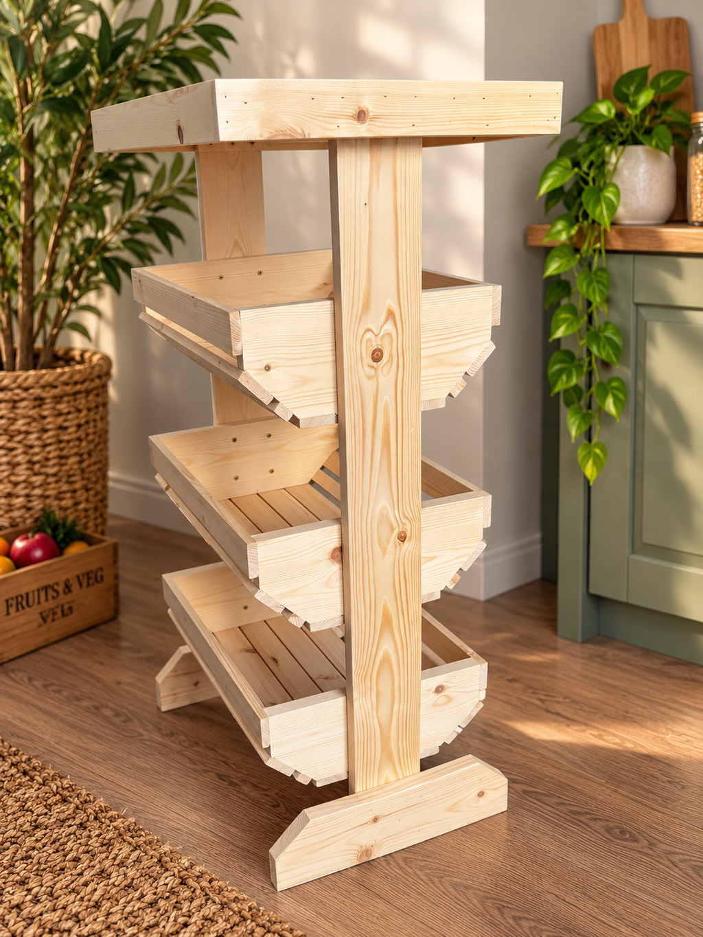 Wooden Fruit & Vegetable Storage Rack, 3 Tier Kitchen Produce Stand, Freestanding Pine Pantry Organiser with Top Shelf