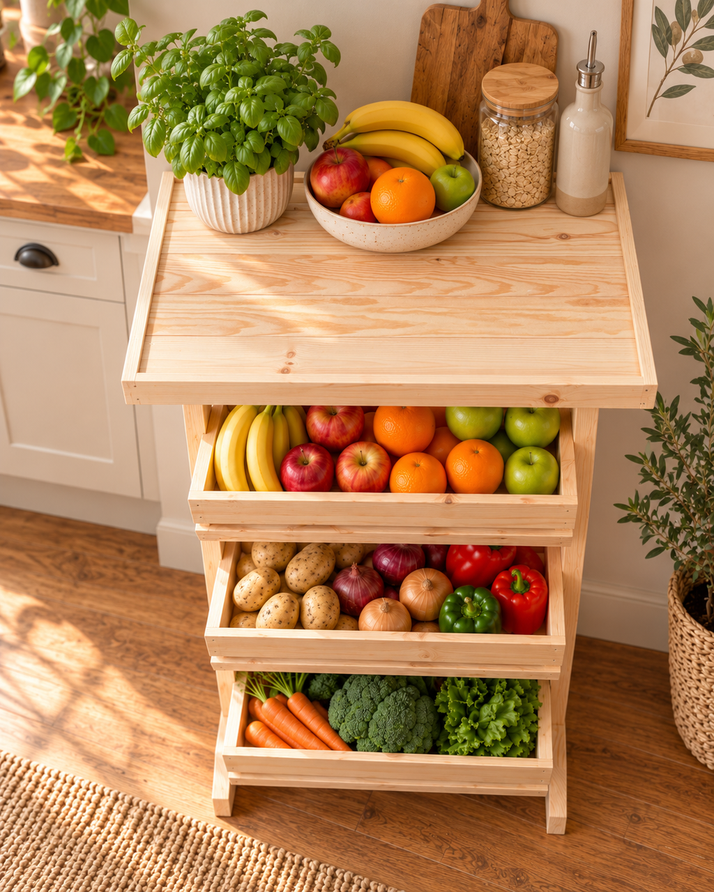Wooden Fruit & Vegetable Storage Rack, 3 Tier Kitchen Produce Stand, Freestanding Pine Pantry Organiser with Top Shelf