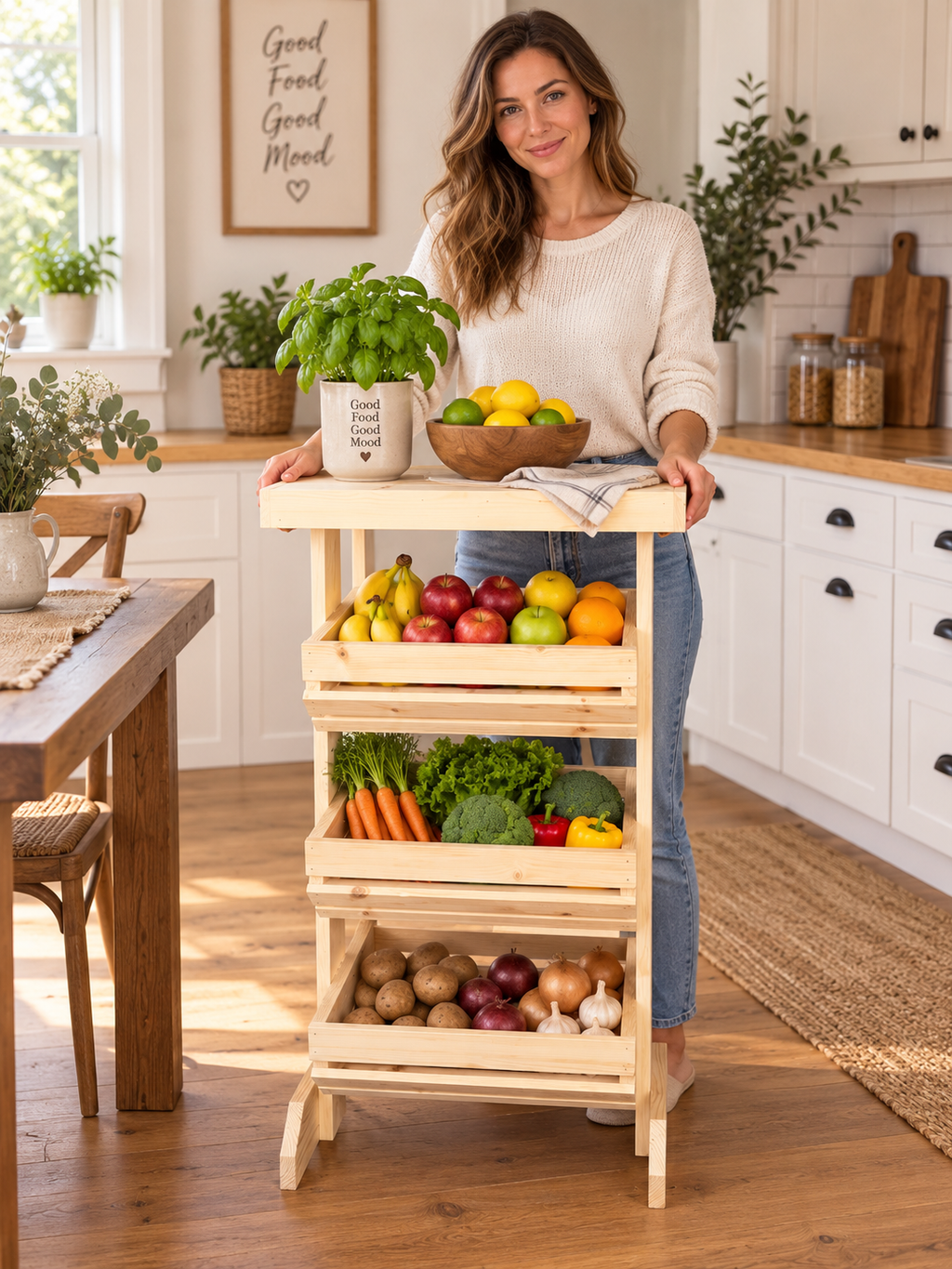 Wooden Fruit & Vegetable Storage Rack, 3 Tier Kitchen Produce Stand, Freestanding Pine Pantry Organiser with Top Shelf