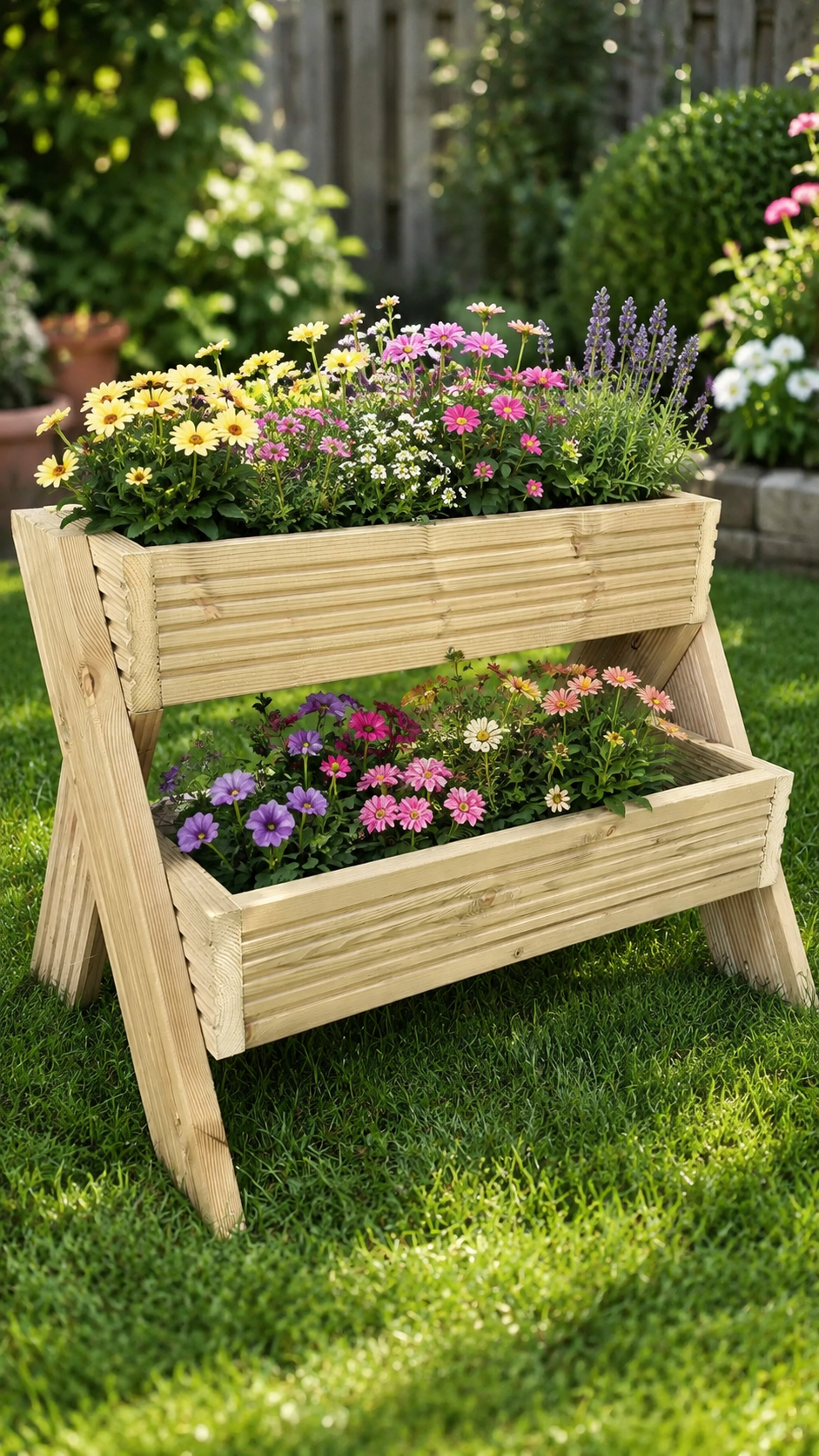 2-Tier Wooden Planter Stand - Garden Plant Display Stand | FRYDECO