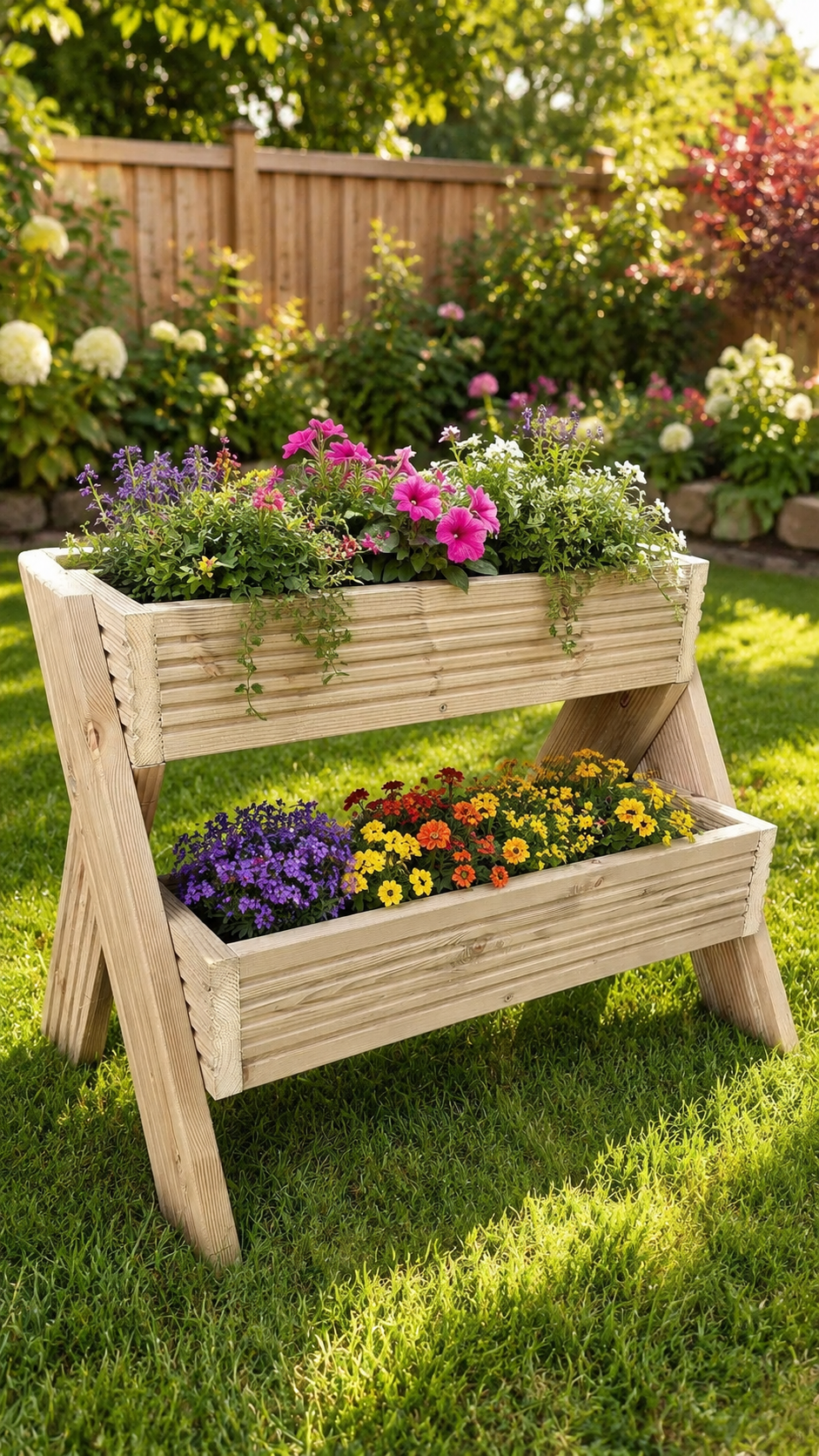 2-Tier Wooden Planter Stand - Garden Plant Display Stand | FRYDECO