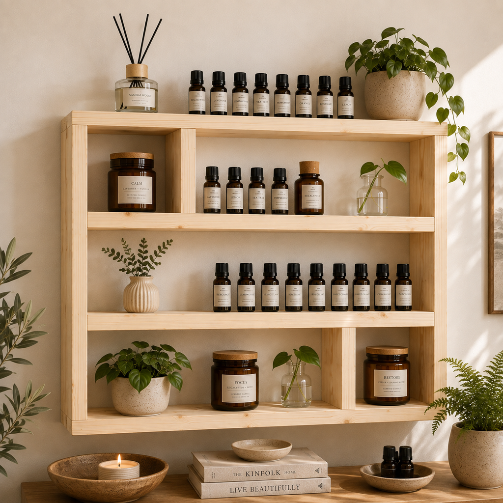 Essential Oil Shelf, Wide Wooden Wall Display Shelf, Essential Oil Storage Rack, Rustic Aromatherapy Organiser | FRYDECO