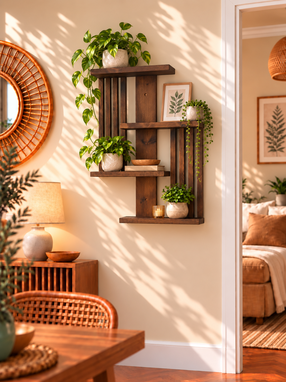 Handmade Geometric Pine Wall Shelf, Modern Rustic Plant Display (60cm Height)