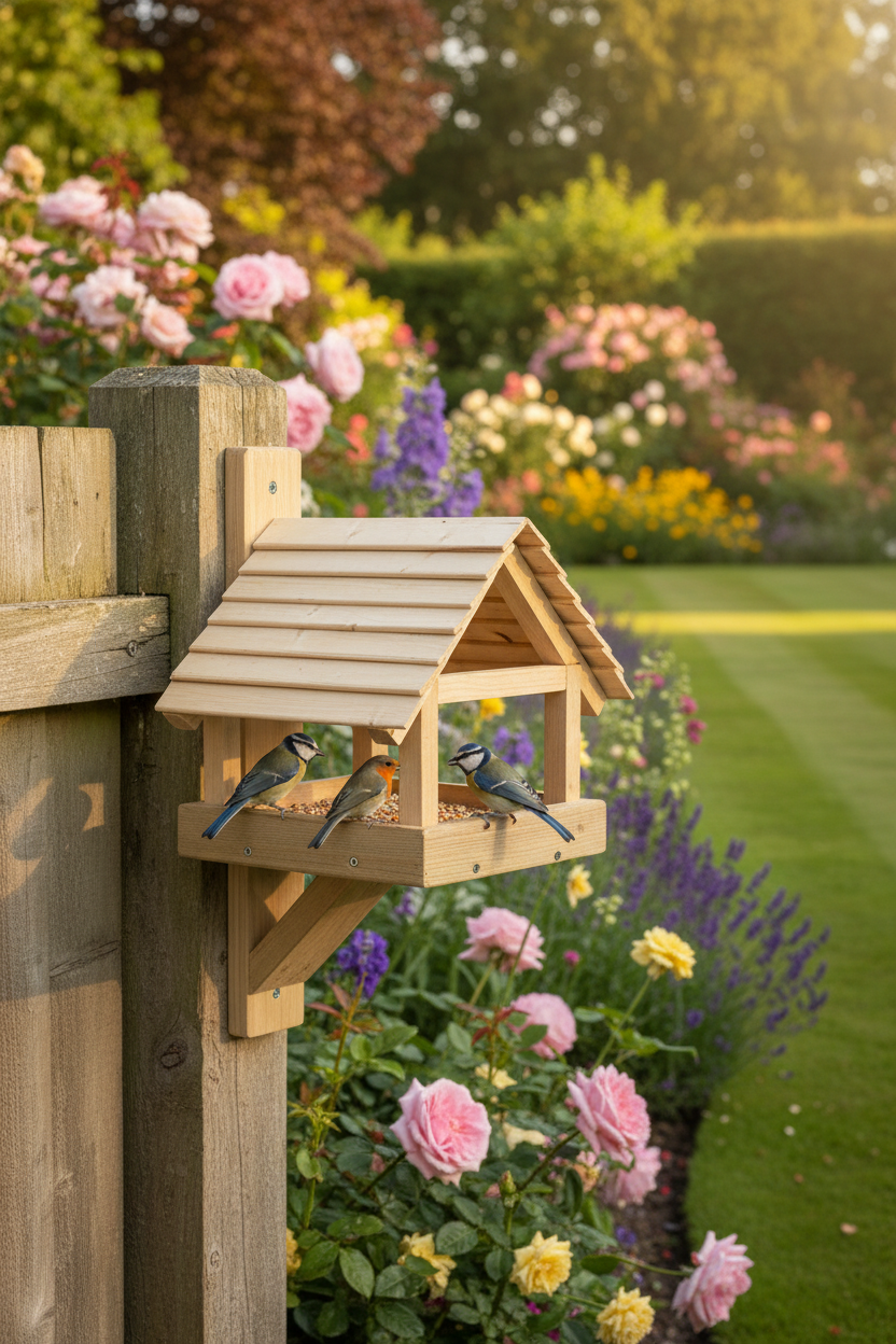 Wooden Bird Feeder with Pitched Roof - Handcrafted Bird House | FRYDECO
