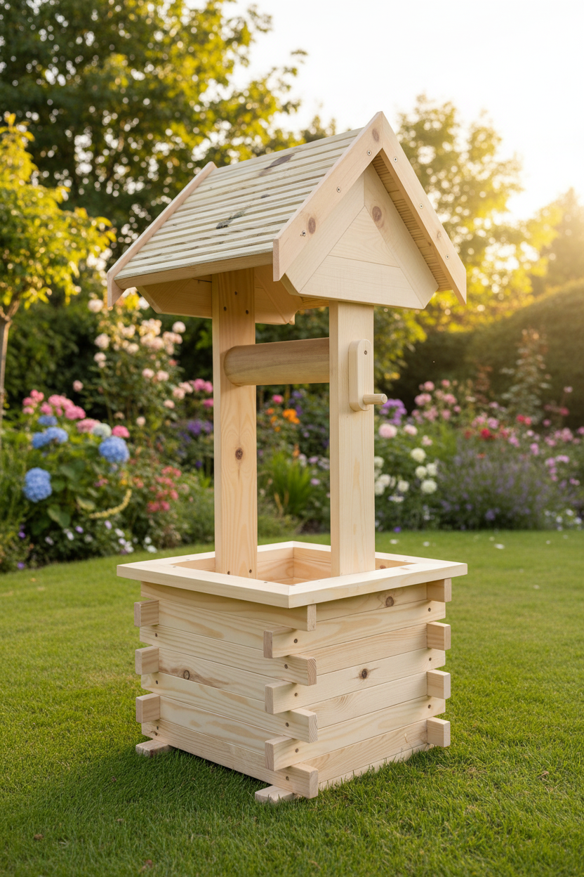Handmade Solid Pine Wishing Well Planter – Rustic Garden Feature, UK Made