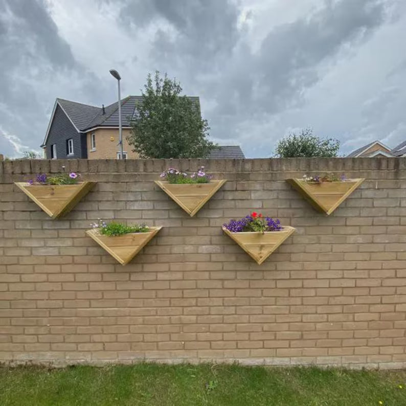 Wooden Triangle Wall Planter, Handcrafted UK Garden Flower Box, Vertical Herb Planter