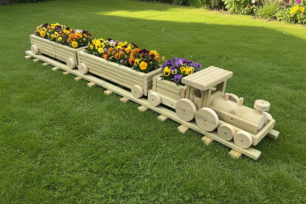 Wooden Train Garden Planter with Tracks | Large Outdoor Flower Planter | Railway Planter | Herb Garden Planter | Handmade Wooden Train